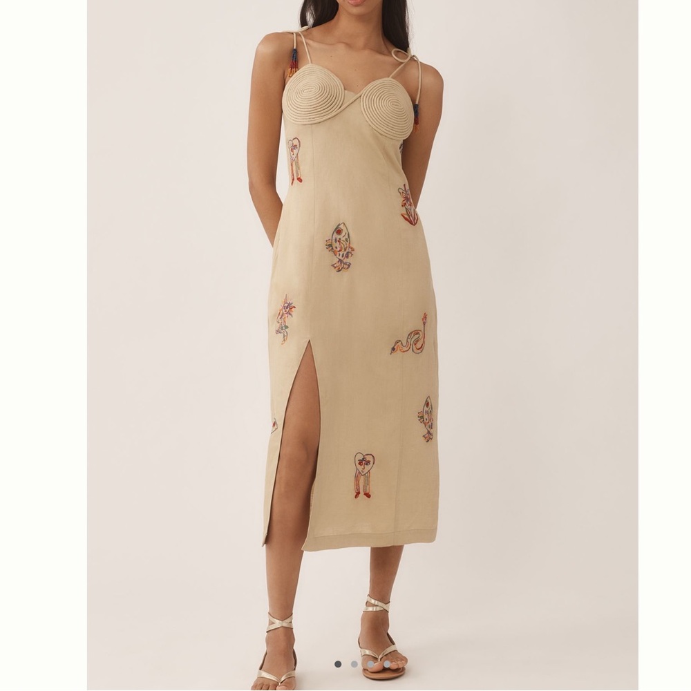 🐟 FARM Rio Anthropologie Embroidered Linen Dress Tan Fish Snake Floral New - Picture 2 of 16